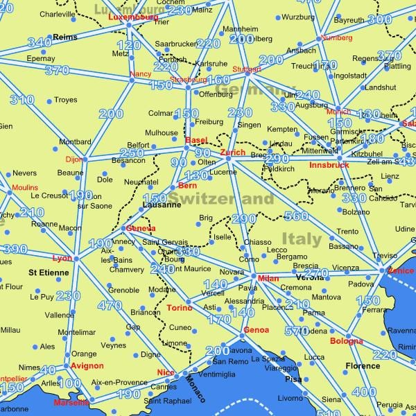 mapa de suïssa mapa amb distàncies