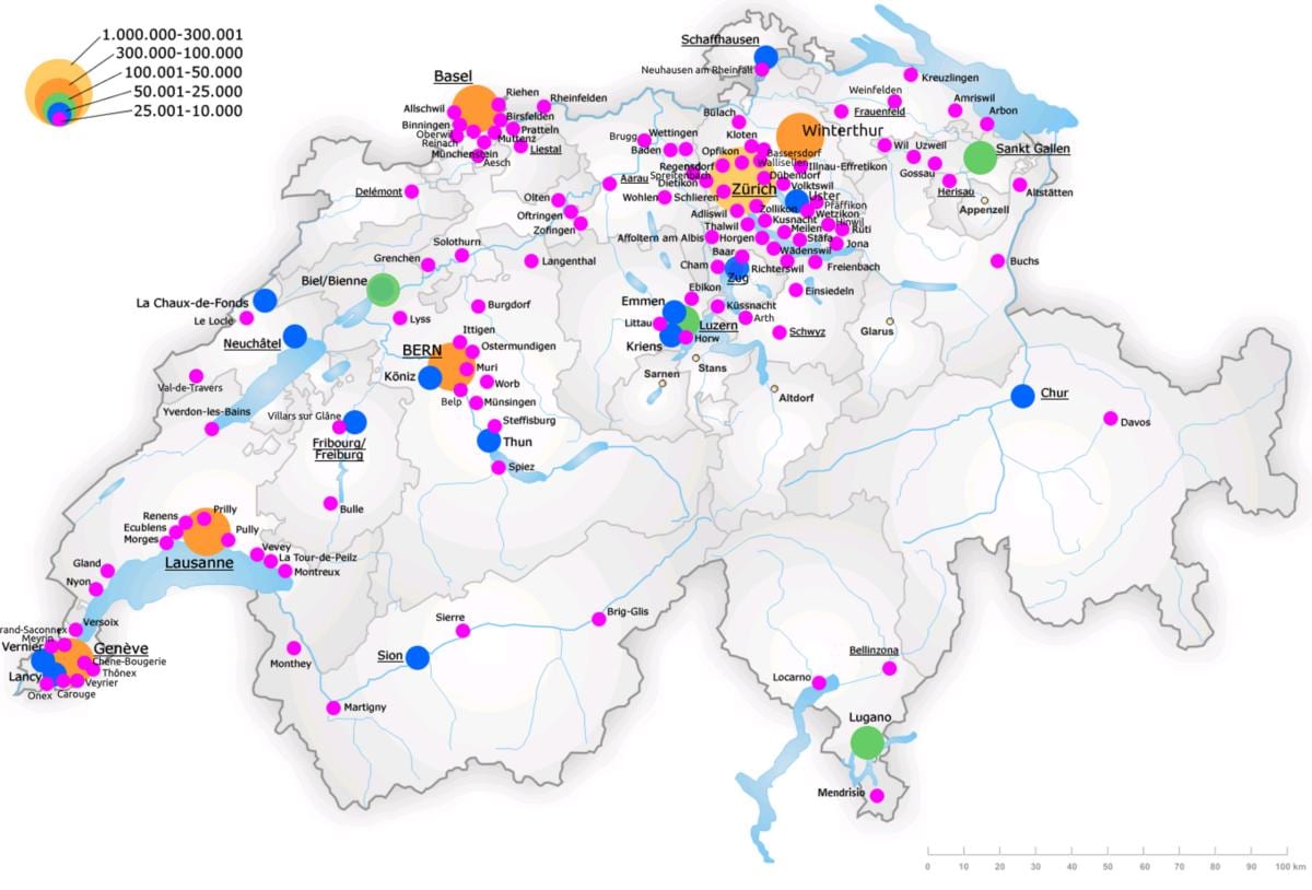 suïssa mapa amb les principals ciutats